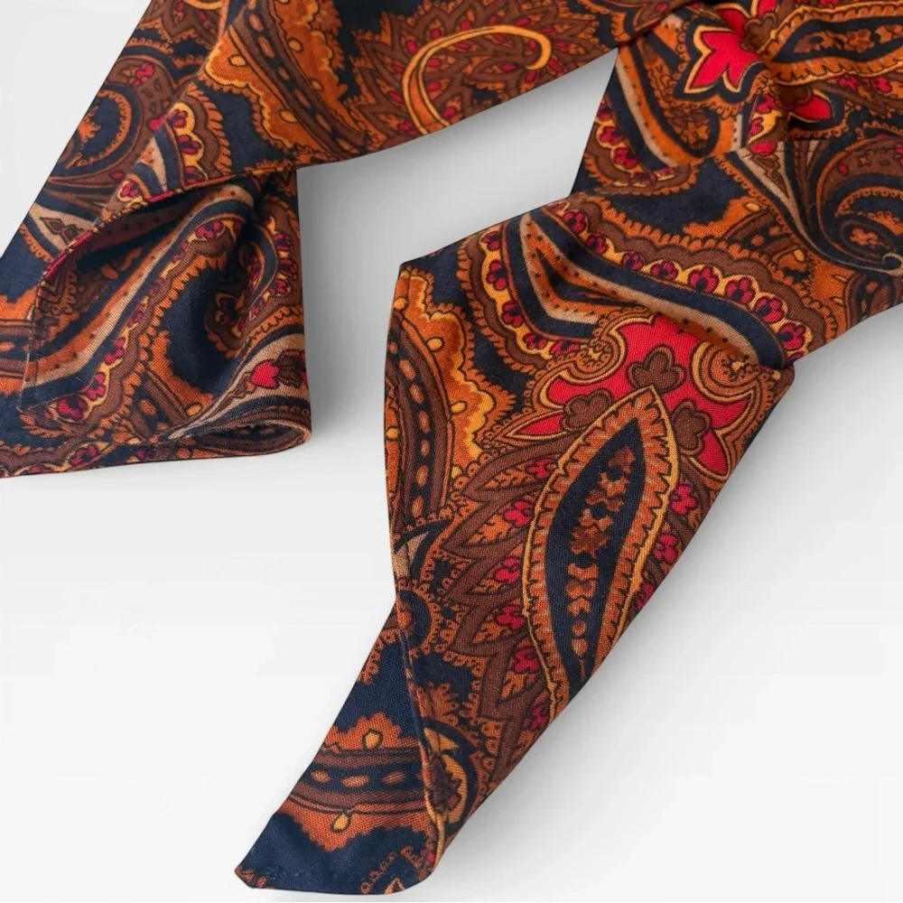 Vintage Paisley Narrow Scarf - Brown Navy Red Neckerchief Double Sided Rodeocore